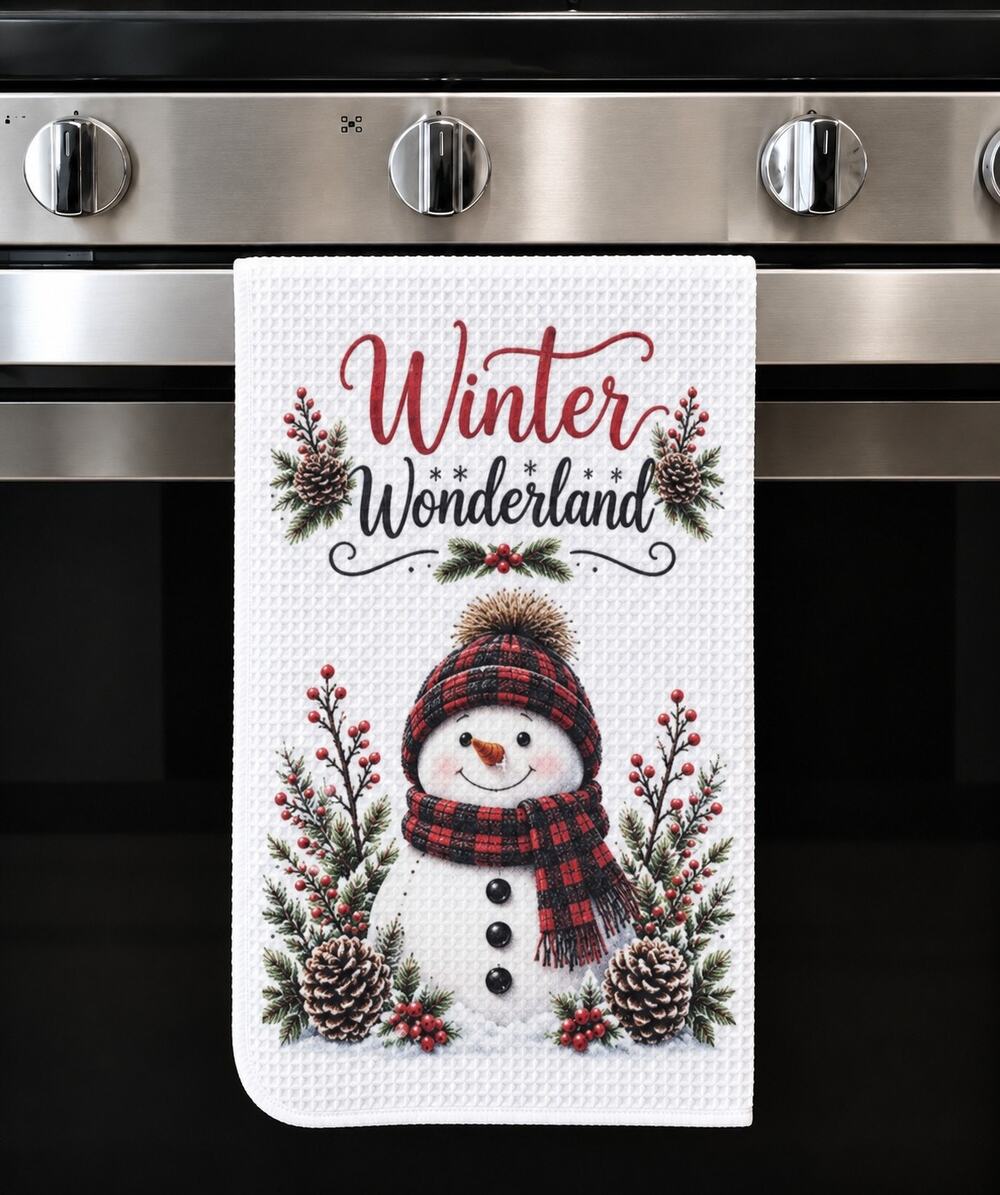 Winter Wonderland Snowman Christmas Kitchen Towel Buffalo Plaid Decor